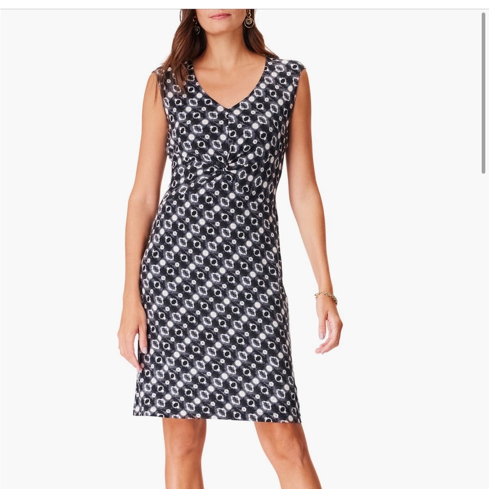 Nic + Zoe Midnight Shibori black, white, and beige patterned dress